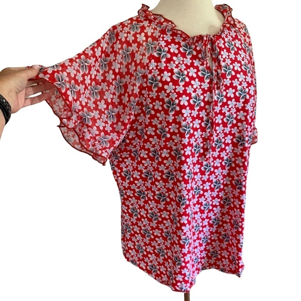 NY COLLECTION 1X Plus Size Floral Red relaxed fit women's Blouse top shirt - Picture 3 of 12